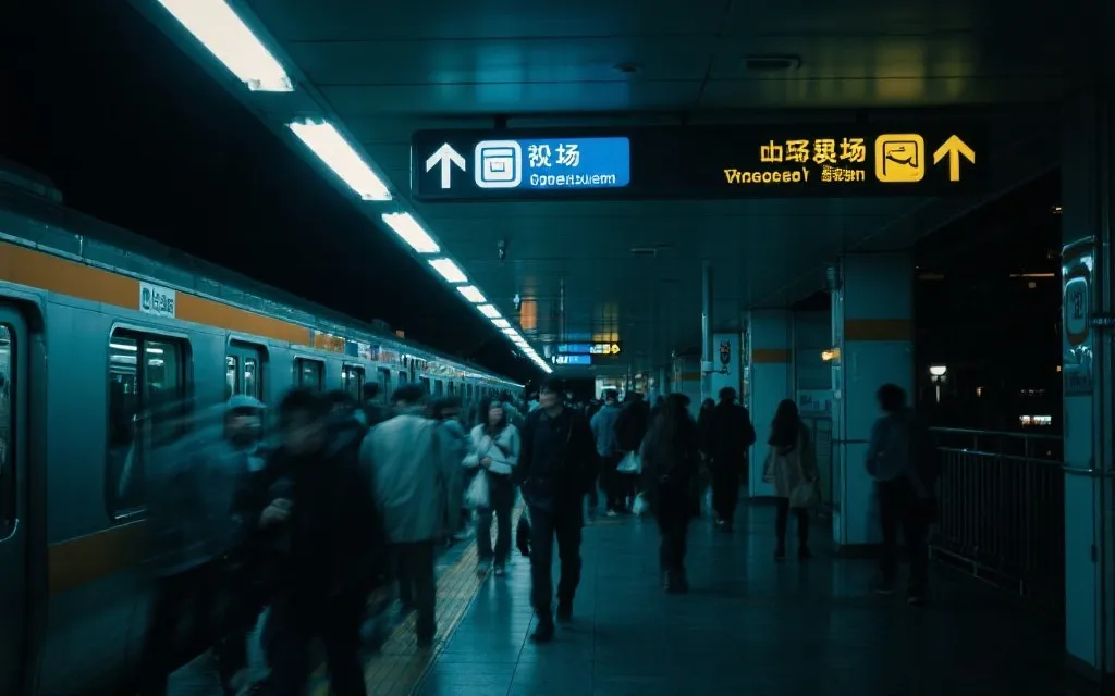 地铁站夜间散场人流与指示牌，纪录片风格，清晰导向